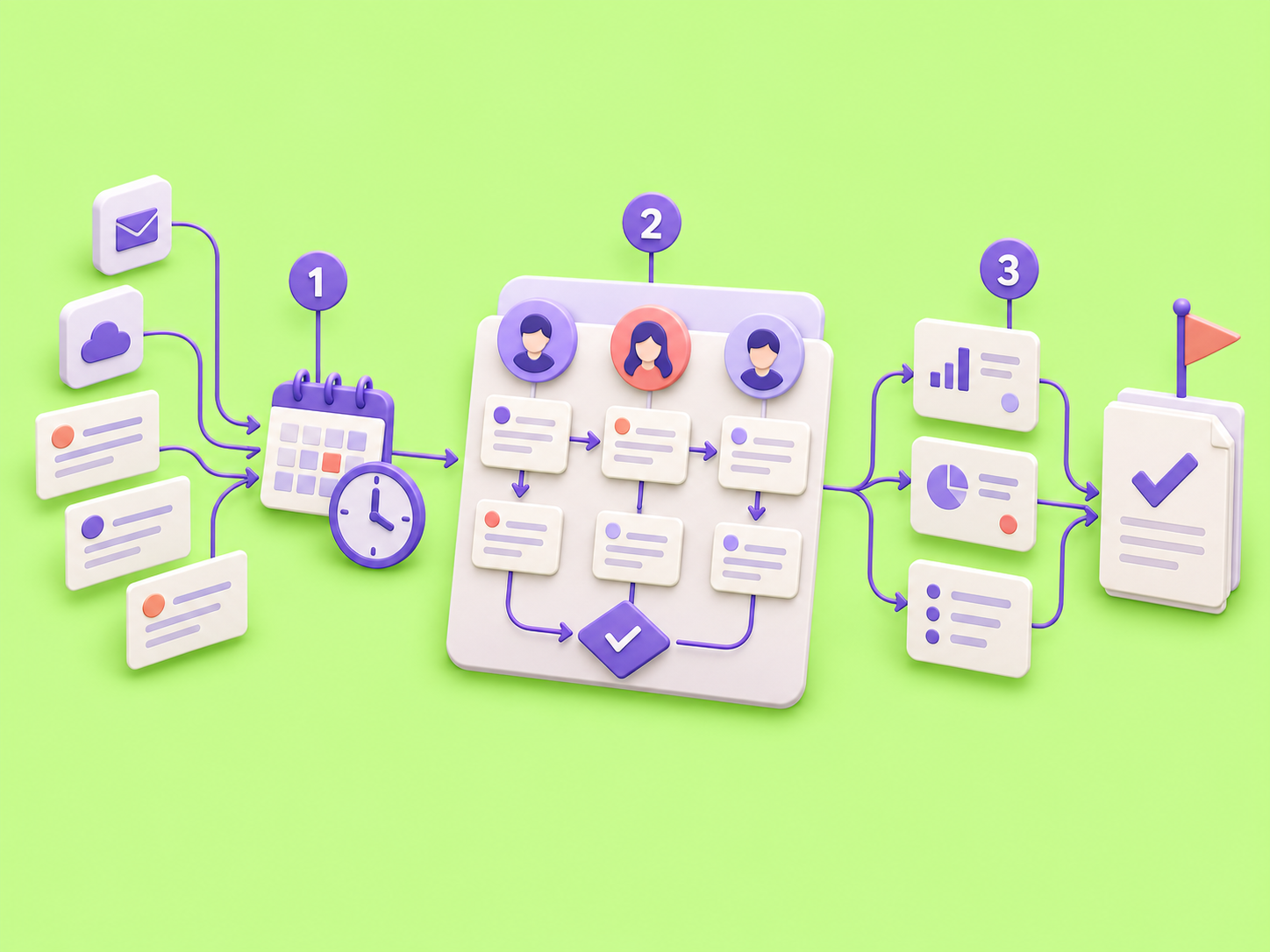 Three stages: tasks and time records come together; work is mapped to people and review steps; alternatives lead to a clear workflow plan.